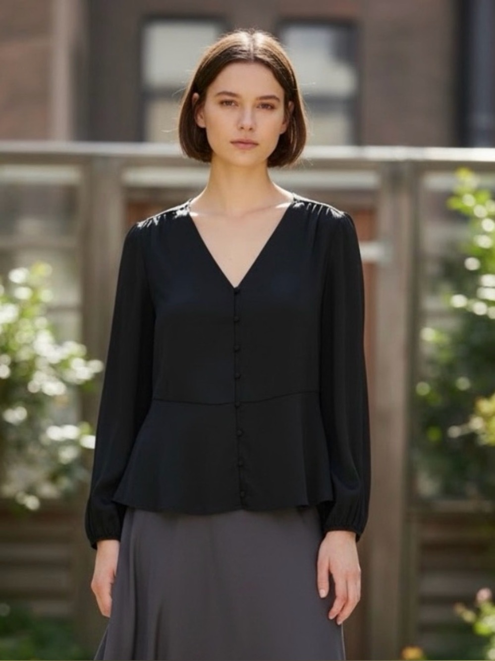 Time and Tru Black Button-Front Blouse